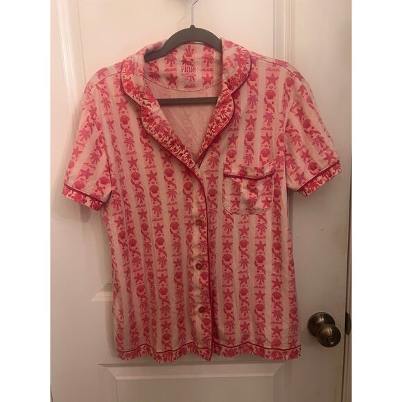 Pink Palm Puff Pajama Top Blush Bay XL Short Sleeve Button Down Embroidery Sleep - Picture 2 of 9